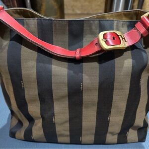 Fendi Pequin Striped Black and Brown Tote Bag with Red Strap